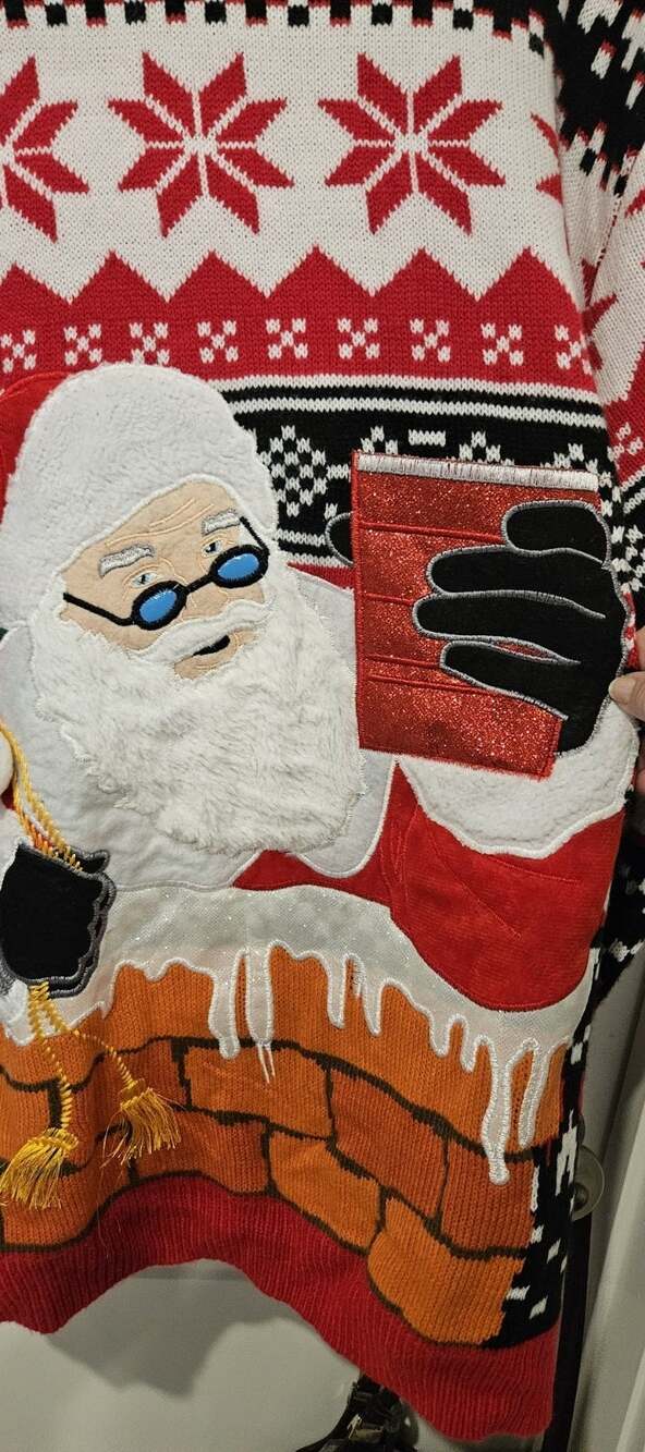 Holiday Time Ugly Christmas Sweater Mens XL Santa Chimney 3D Cup Holder Party
